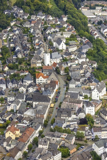 Aerial view, Alter Markt street with bell tower, historical sight, St. George's Chapel, Arnsberg,