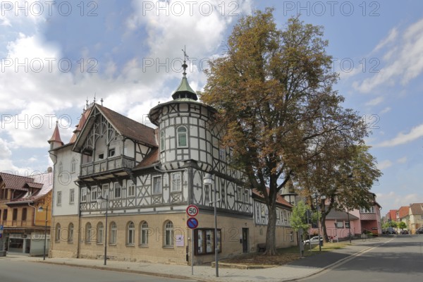 Fridolinhaus half-timbered house built in 1386, corner turret, Bad Rodach, Upper Franconia,