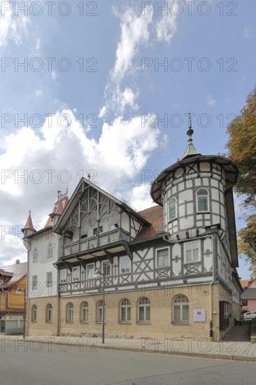 Fridolinhaus half-timbered house built in 1386, corner turret, Bad Rodach, Upper Franconia,