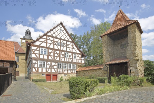 Historic old school built in 1672 and powder tower built in the 16th century, former town