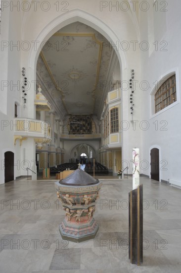 Historic baptismal font from 1539 decorations and chancel, interior view, arts and crafts, art,