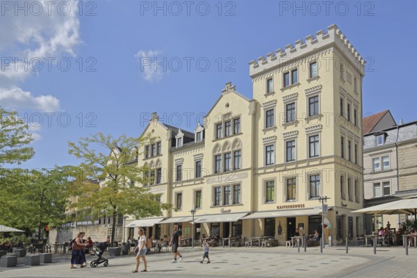 Neo-Gothic building with battlements of the former Weiß candy factory, pedestrian, Albertsplatz,