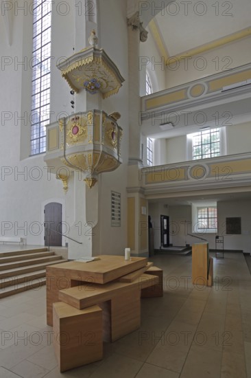 Altar and pulpit with pulpit bonnet, pulpit cover, sounding board, pulpit canopy, interior view,