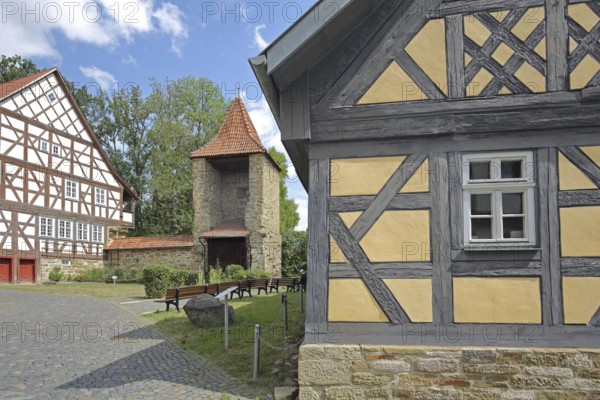 Half-timbered house, old school built 1672, powder tower built 16th century, shell tower, historic
