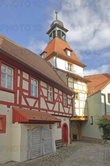 Fortified church, town hall from behind and town musicians' tower, gate tower, half-timbered house,