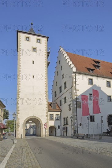 Upper tower and town hall with stepped gable, town gate, town tower, flags, Haßfurt, Lower