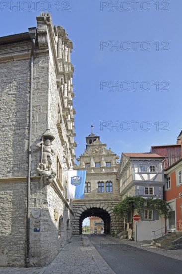 Renaissance town hall built in 1581 with statue of St George and Main Gate, town gate, town tower,