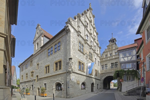 Renaissance town hall built in 1581 and Main Gate town gate, town tower, Marktbreit, Lower