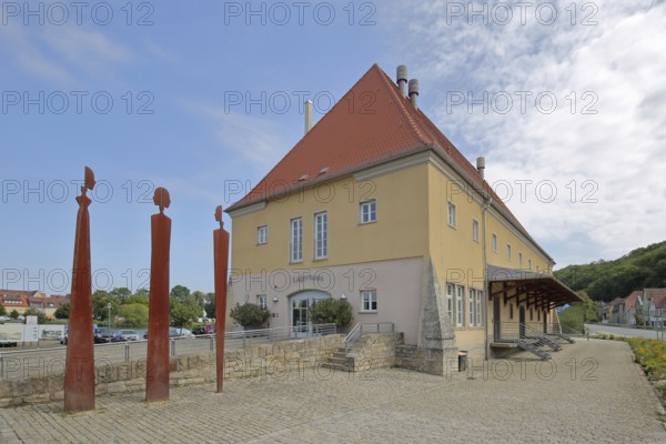 Warehouse built in 1754 and three rusty steel sculptures, Modern Art, Marktbreit, Lower Franconia,