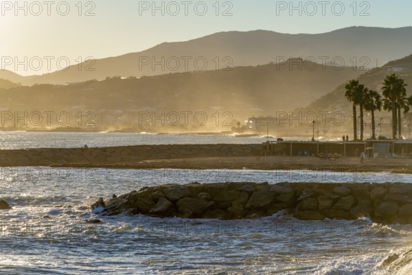 Idyllic seaside impression at evening time around Santo Stefano al Mare, a comune in the Province