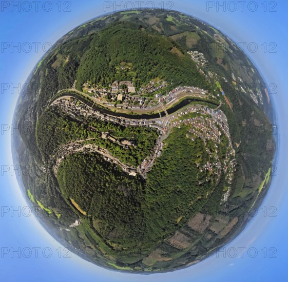 Aerial view, river Lenne and youth hostel Burg Altena on the Klusenberg, earth globe, fisheye
