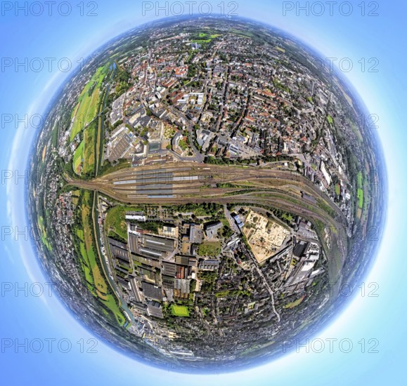 Aerial view, Hamm-West, harbour and city in between main station, globe, fisheye image, 360 degree
