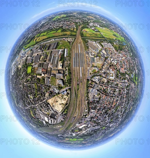 Aerial view, Hamm-West, harbour and city in between main station, globe, fisheye image, 360 degree