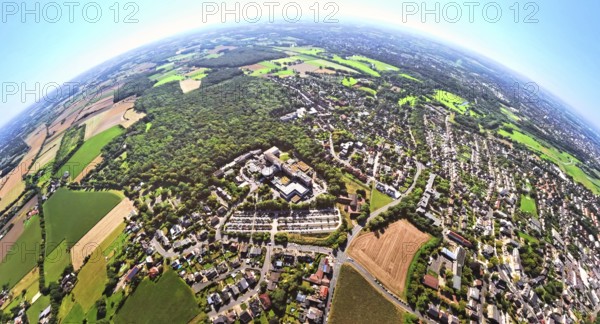 Aerial view, St. Barbara Klinik with car park and helipad, local recreation area Sundern Wald,