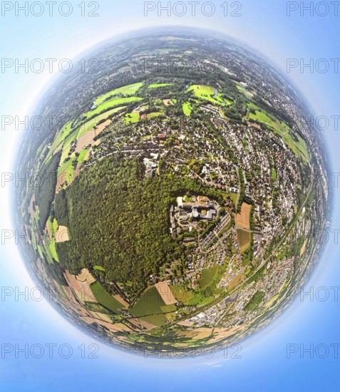 Aerial view, St. Barbara Klinik with car park and helipad, forest area and local recreation area