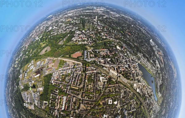 Aerial view, residential area, view of the district of Hörde with Phoenix Lake, commercial area
