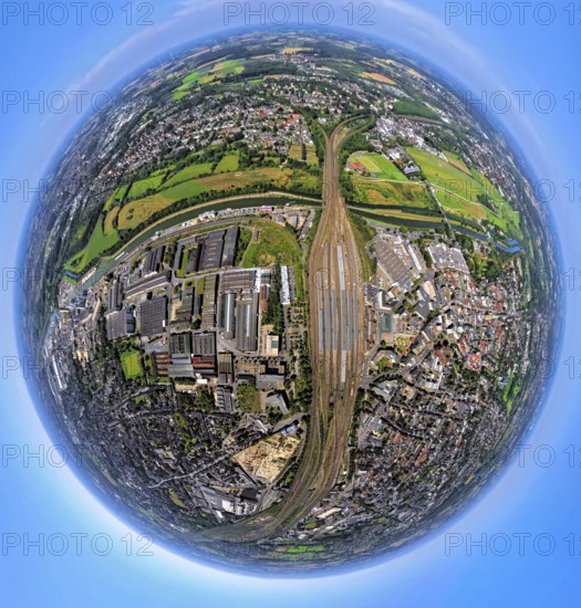 Aerial view, Hamm-West, harbour and city in between main station, globe, fisheye image, 360 degree