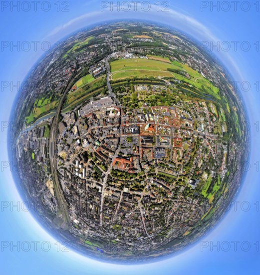 Aerial view, city centre with evang. Pauluskirche, Lippeaue Erlebensraum and airfield Hamm