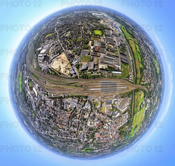Aerial view, Hamm-West, harbour and city in between main station, globe, fisheye image, 360 degree