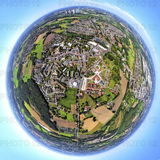 Aerial view, residential area, view of Herringen district with Herringer Markt, globe, fisheye