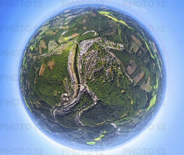 Aerial view, river Lenne and Lenneschleife, old town, globe, fisheye image, 360 degree image, tiny