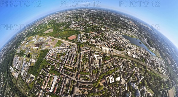 Aerial view, residential area, view of the district of Hörde with Phoenix Lake, commercial area