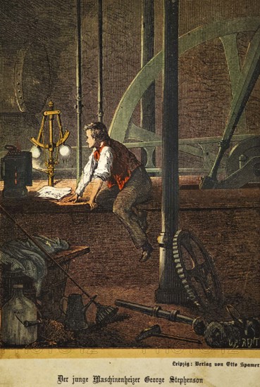 The young engine stoker George Stephenson (1781, 1848) looks at parts of the steam engine, English