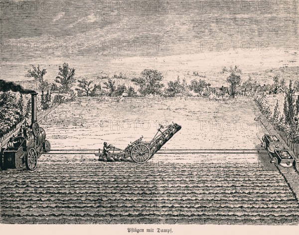 Ploughing with steam, technology, machine, industry, inventions in the 19th century, historical