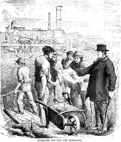 George Stephenson (1771-1848) and his first locomotive, English engineer and founder of the