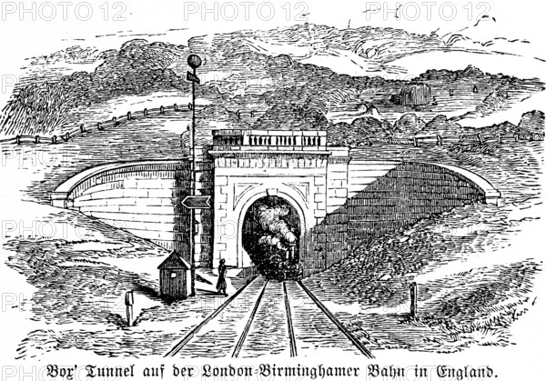 Tunnel on the London-Birmingham railway in England, rails, double track, signal, steam locomotive,