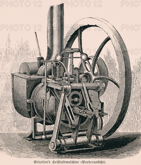 Front view of a hot-air engine by the Swedish engineer Ericson, calorific engine, utilisation and