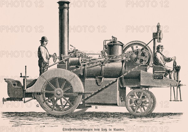 Road steam engine by Lotz in Nantes, steam boiler, two men, drive shaft, chimney, control,
