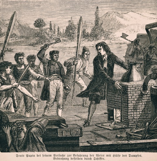 Denis Papin attempting to navigate the Weser with the aid of steam. Threat to the same by boatmen,