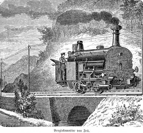Mountain locomotive by Fell, English engineer, smoking steam locomotive, mountain landscape,