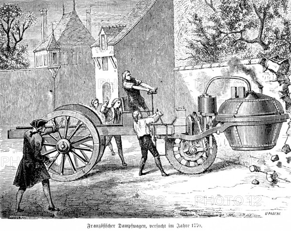French steam carriage in 1770, first experiments, Paris, workers, steam boiler, three wooden