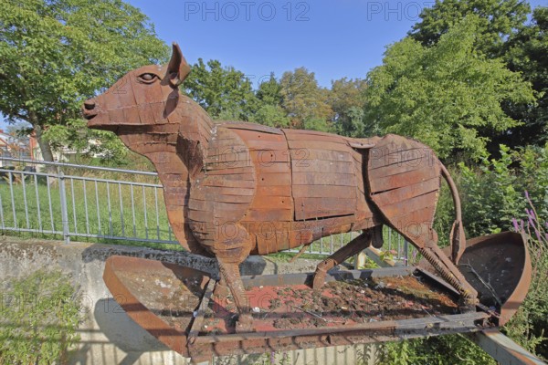 Sculpture by Clemens, rusty ox figure, metal sculpture, forging, life-size, Volkach, Lower