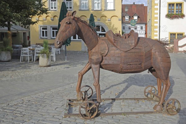 Horse figure from the Clemens company 2008, artwork, rusty steel sculpture, frame, wheels, forging,