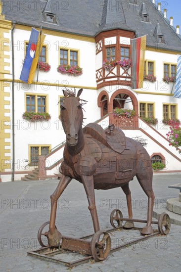 Horse figure from the Clemens company 2008, artwork, rusty steel sculpture, frame, wheels, forging,