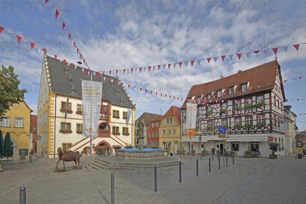 Renaissance town hall with market fountain, half-timbered house, market square, Volkach, Lower