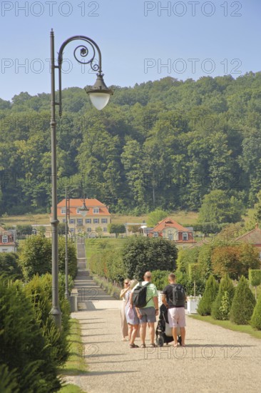 Spa gardens with tourists and pedestrians, view of Fürstenhof, street lamp, path, family excursion,
