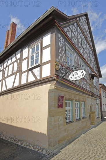 Historic Happach house, half-timbered house with decorations, gable, nose shield, Heldburg,