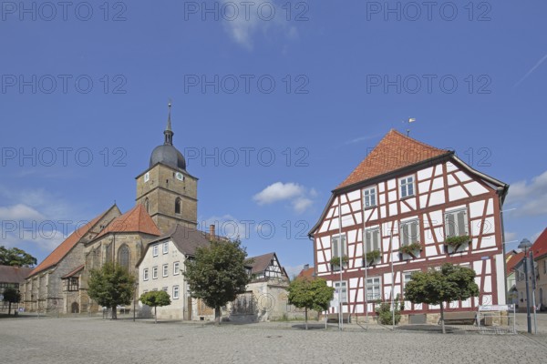 Town hall and town church of Our Lady built 16th century, half-timbered house, market, Heldburg,