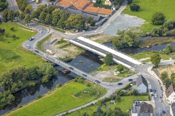 Aerial view, temporary bridge and construction site with new construction of the Dinscheder