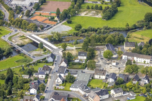 Aerial view, temporary bridge and construction site with new construction of the Dinscheder