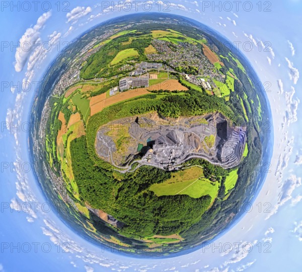 Aerial photo, Ebel quarry, Habbeler Bach Müschede, earth globe, fisheye image, 360 degree image,