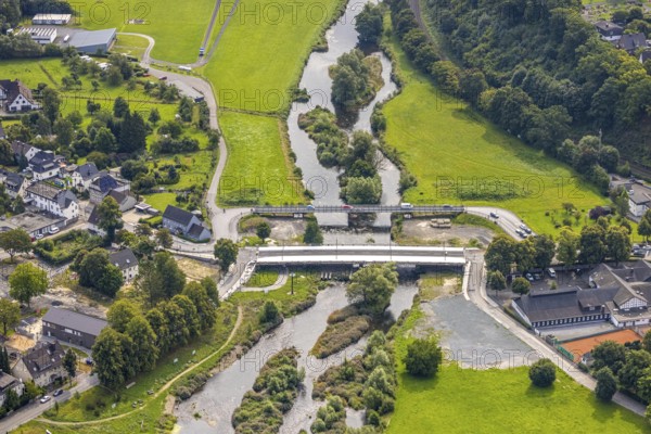 Aerial view, temporary bridge and construction site with new construction of the Dinscheder