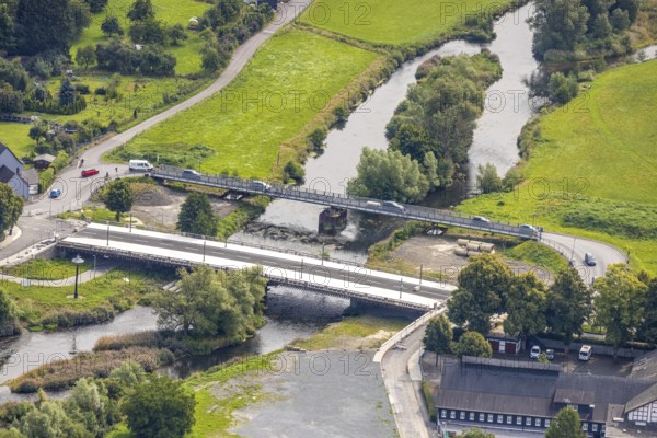 Aerial view, temporary bridge and construction site with new construction of the Dinscheder