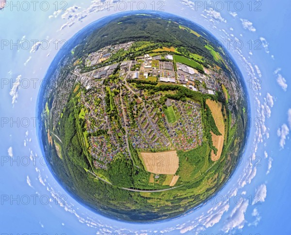Aerial view, residential area, view of Niedereimer district and commercial area Nidereimerfeld,