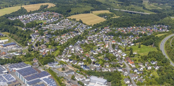 Aerial view, residential area, local view of Niedereimer in the forest area, motorway bridge of the