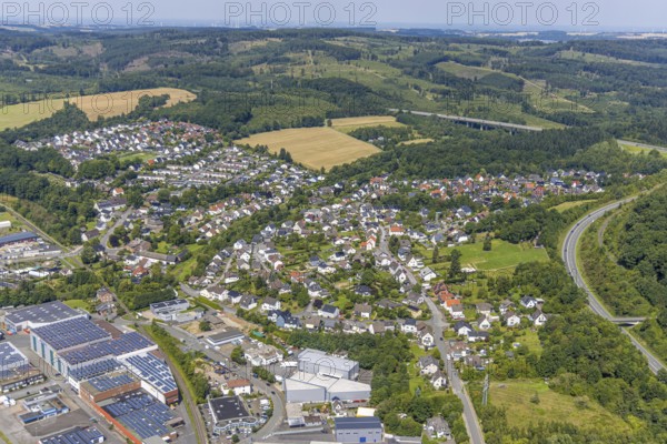 Aerial view, residential area, local view of Niedereimer in the forest area, motorway bridge of the